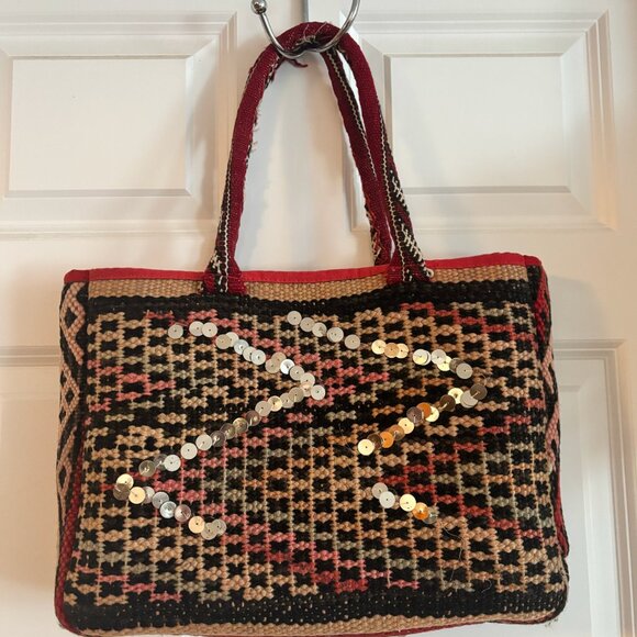 Vintage Anthropologie Kilim Carpet Bag Woven Tapestry Tote Sequin Boho Geometric - Picture 2 of 10